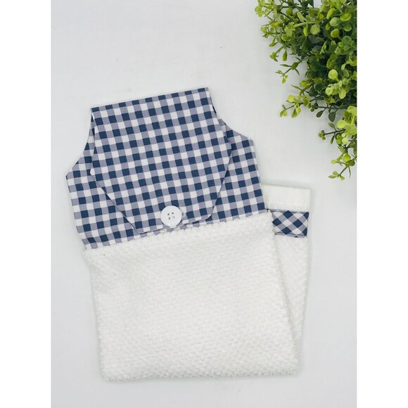Hanging Kitchen Tea Towel, Button Closure, Cotton Dish Towel, Blue Gingham - Picture 3 of 7